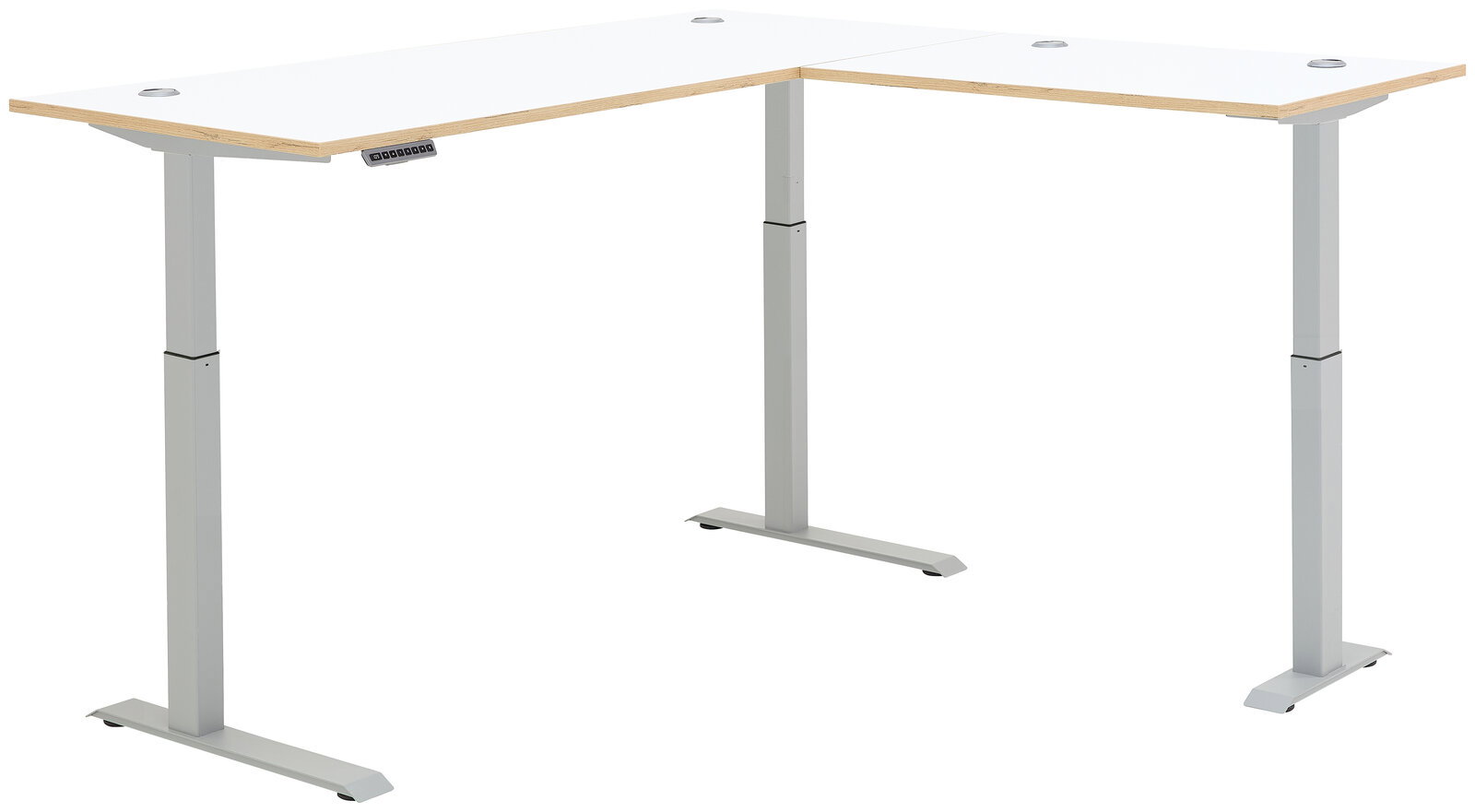 Moderner höhenverstellbarer E-Eckschreibtisch in L-Form mit weißer Tischplatte und silbernen Beinen, seitliche Perspektive.