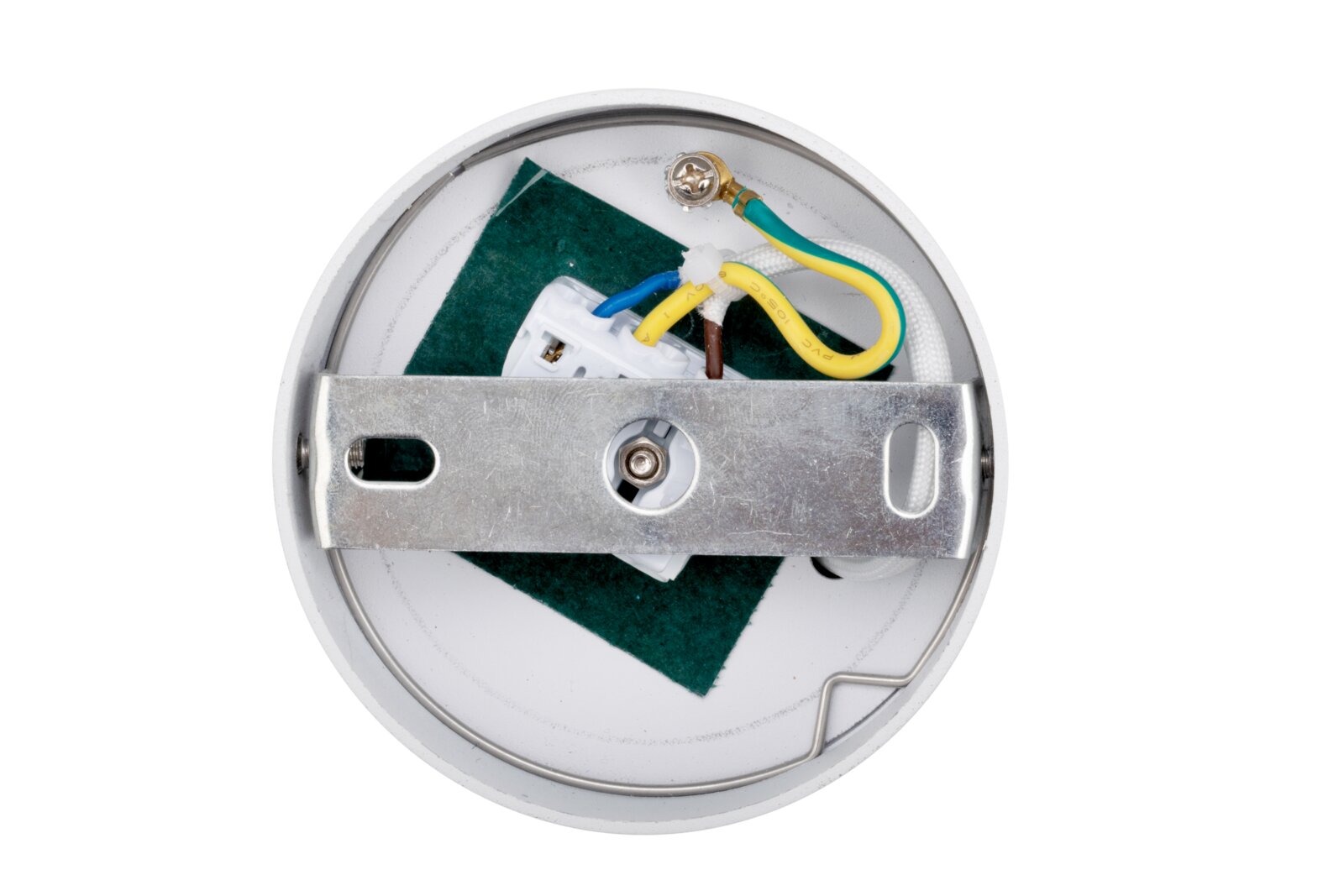 Achterkant van een led-spotkop met zichtbare bekabeling en metalen bevestiging.
