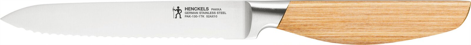 Henckels Pakka Brotmesser mit Wellenschliff, Edelstahlklinge und hellem Holzgriff in seitlicher Gesamtansicht