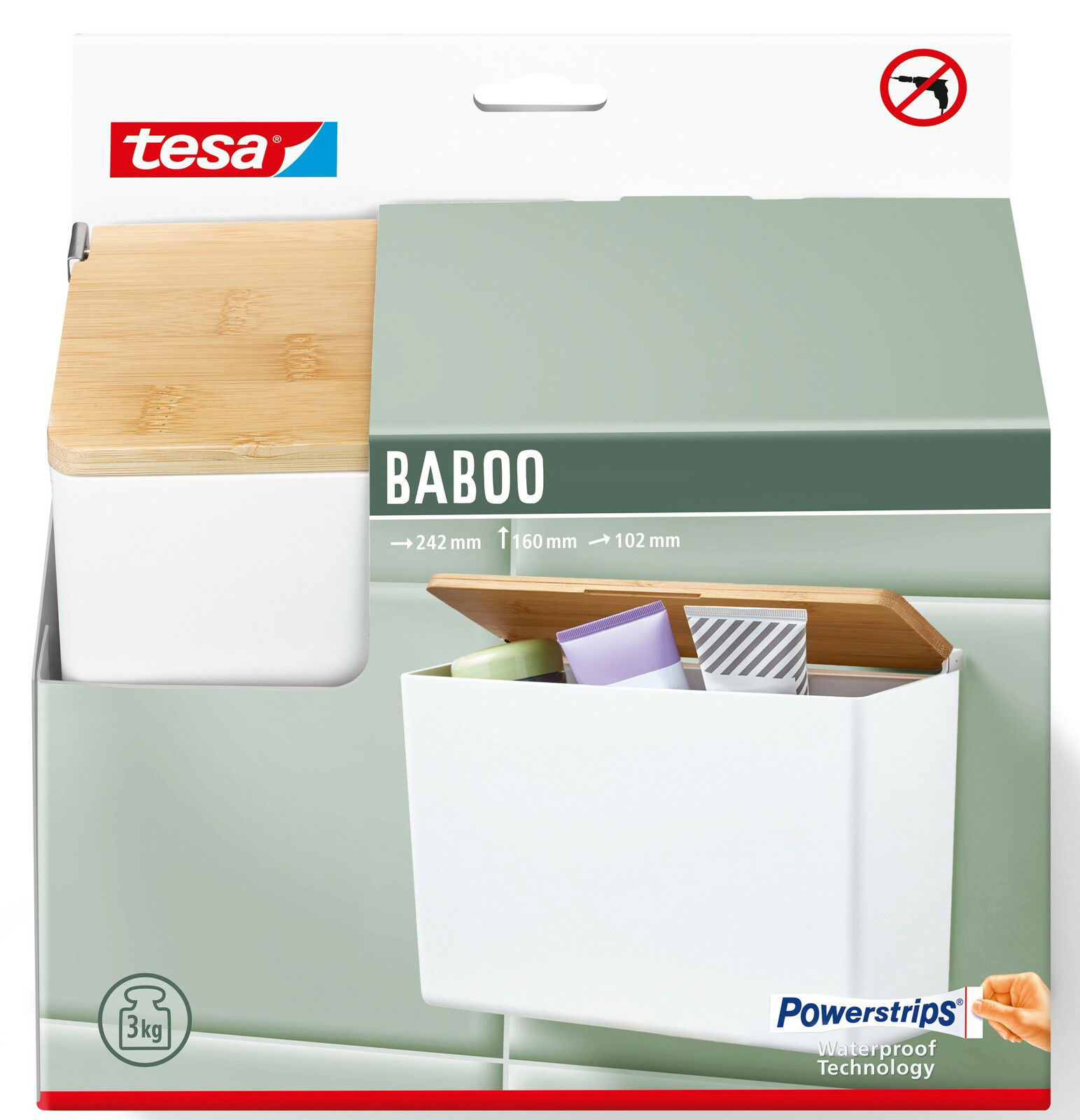 Baboo Aufbewahrungsbox XL mit Bambusdeckel, an der Wand montiert, seitliche Perspektive