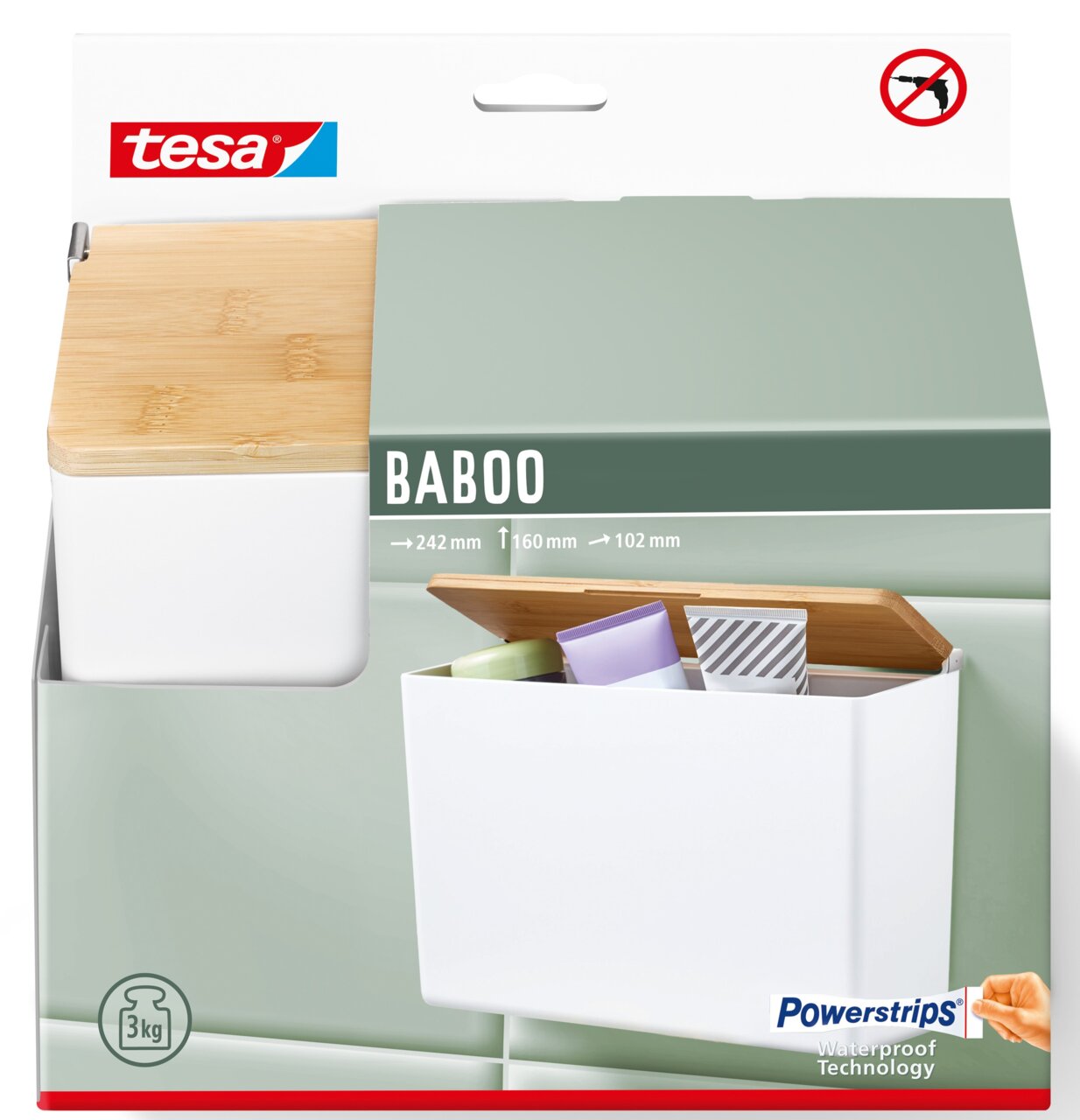 Baboo opbergbox XL met bamboedeksel, aan de muur bevestigd, zijaanzicht