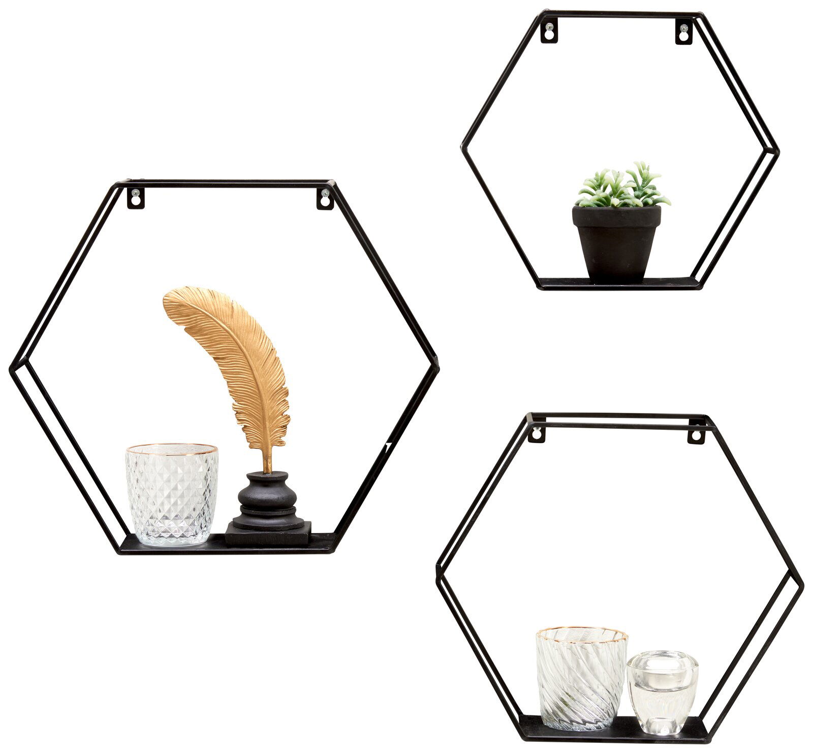 Dreiteiliges Wandregal-Set in hexagonaler Form aus schwarzem Metall, dekoriert mit Pflanzen und Kerzenhaltern, frontal betrachtet.