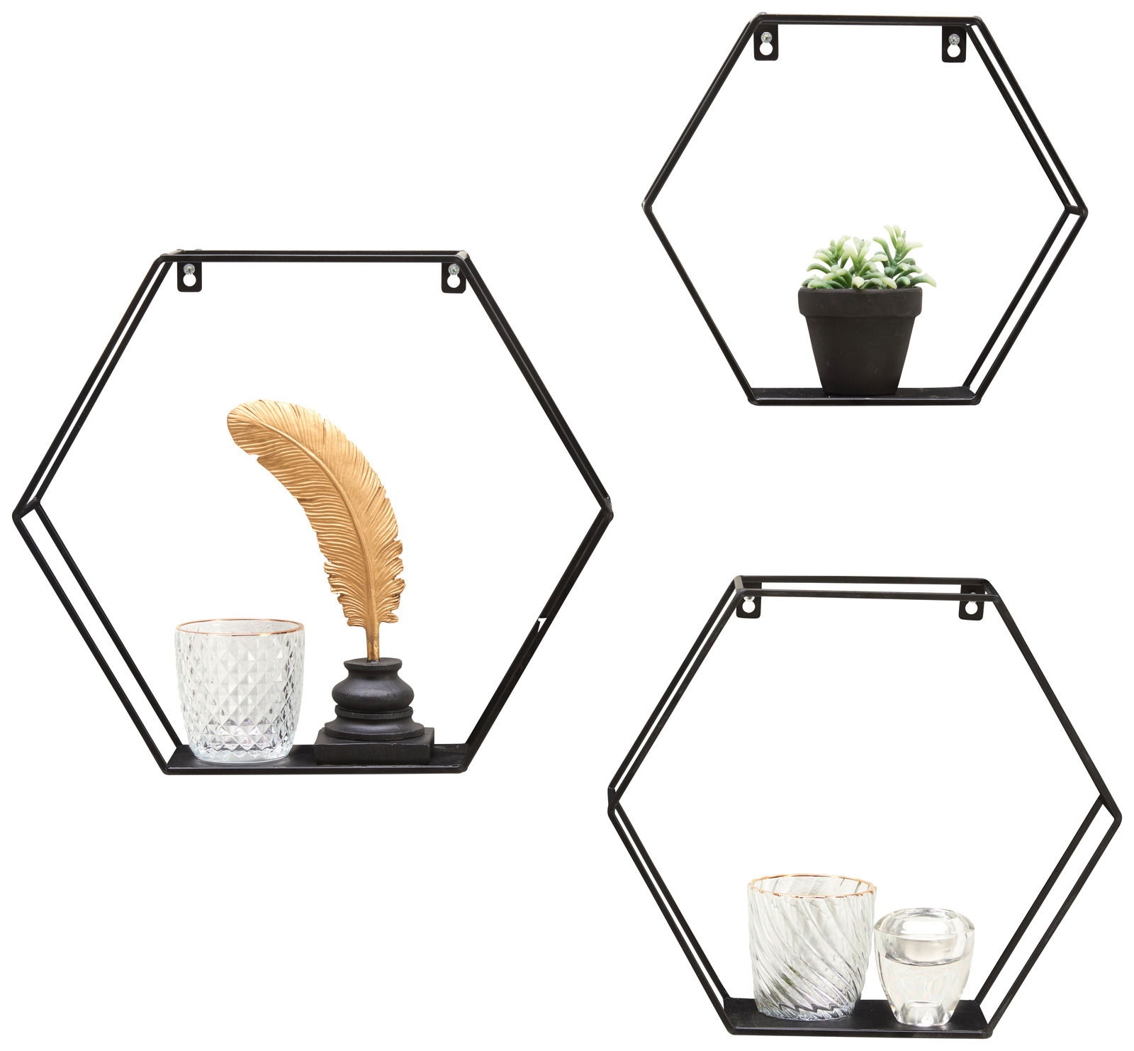Dreiteiliges Wandregal-Set in hexagonaler Form aus schwarzem Metall, dekoriert mit Pflanzen und Kerzenhaltern, frontal betrachtet.