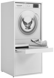 Waschmaschinenschrank XORA Hochschrank LIV mit geöffneter Schublade, seitliche Perspektive