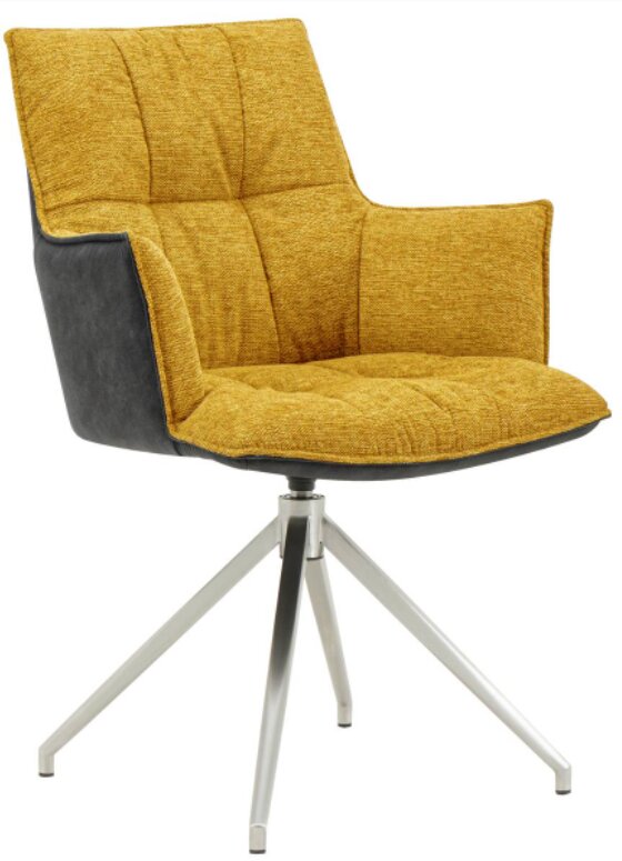Moderner Sessel mit gelber Polsterung und schwarzem Rücken, auf einem silbernen Drehgestell, seitliche Perspektive.