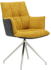 Moderner Sessel mit gelber Polsterung und schwarzem Rücken, auf einem silbernen Drehgestell, seitliche Perspektive.