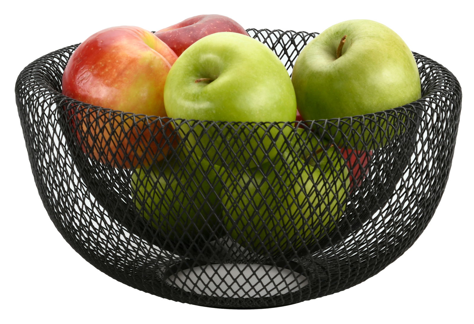 Metallkorb mit Äpfeln, seitliche Perspektive