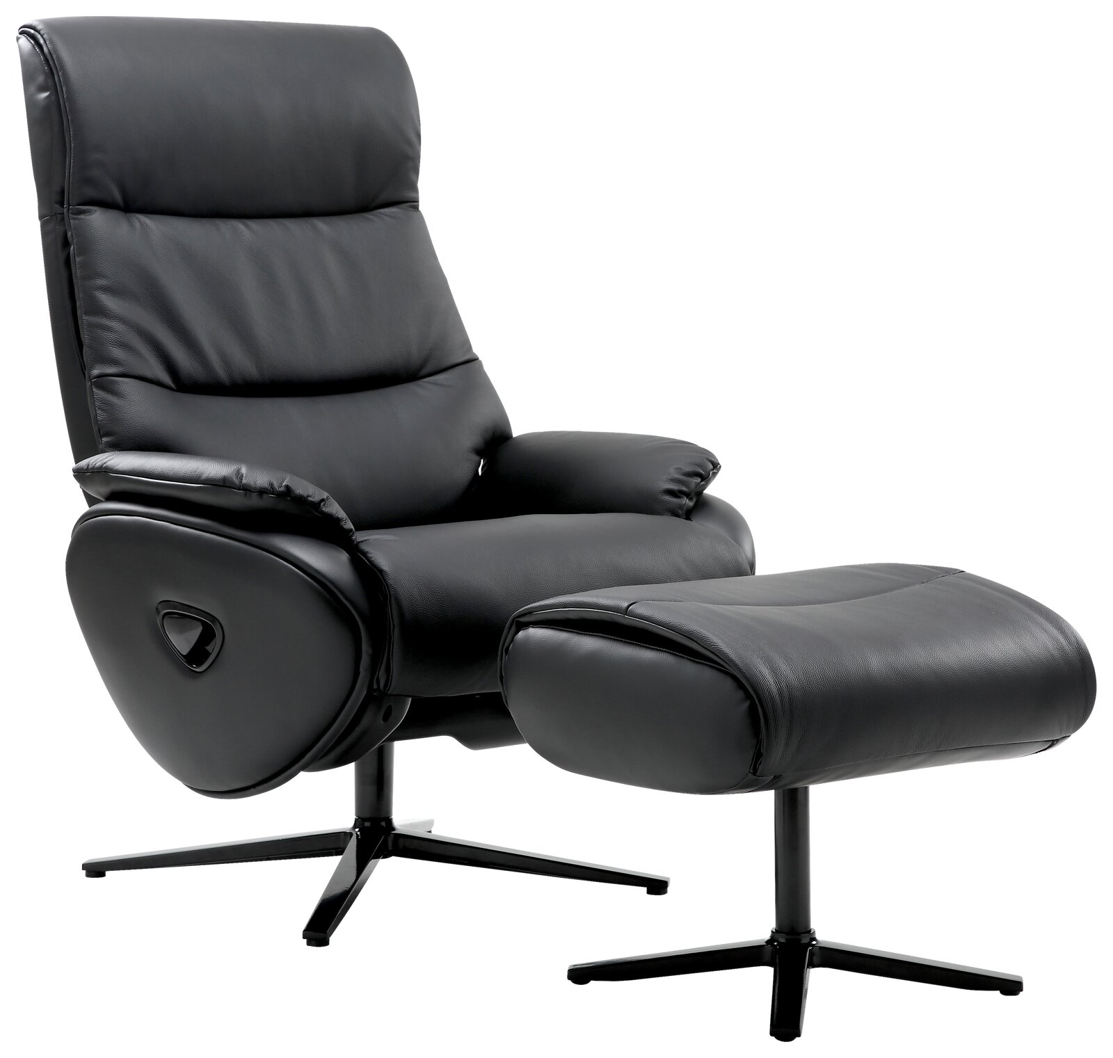 Schwarzer Relaxsessel mit Hocker, seitliche Perspektive