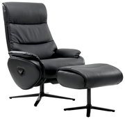 Schwarzer Relaxsessel mit Hocker, seitliche Perspektive