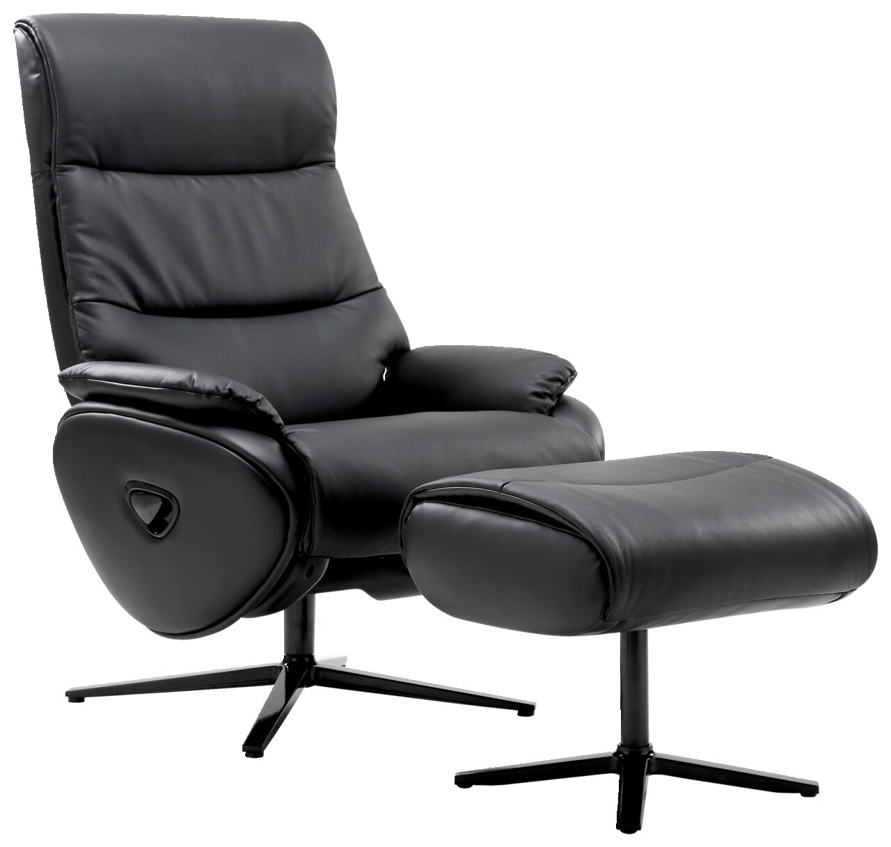Schwarzer Relaxsessel mit Hocker, seitliche Perspektive