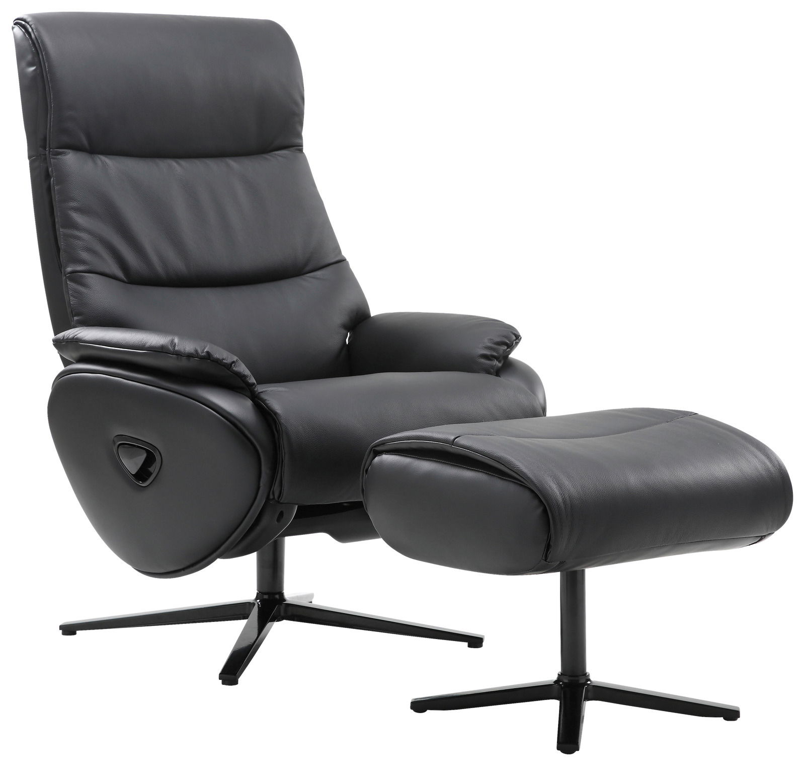 Schwarzer Relaxsessel mit Hocker, seitliche Perspektive