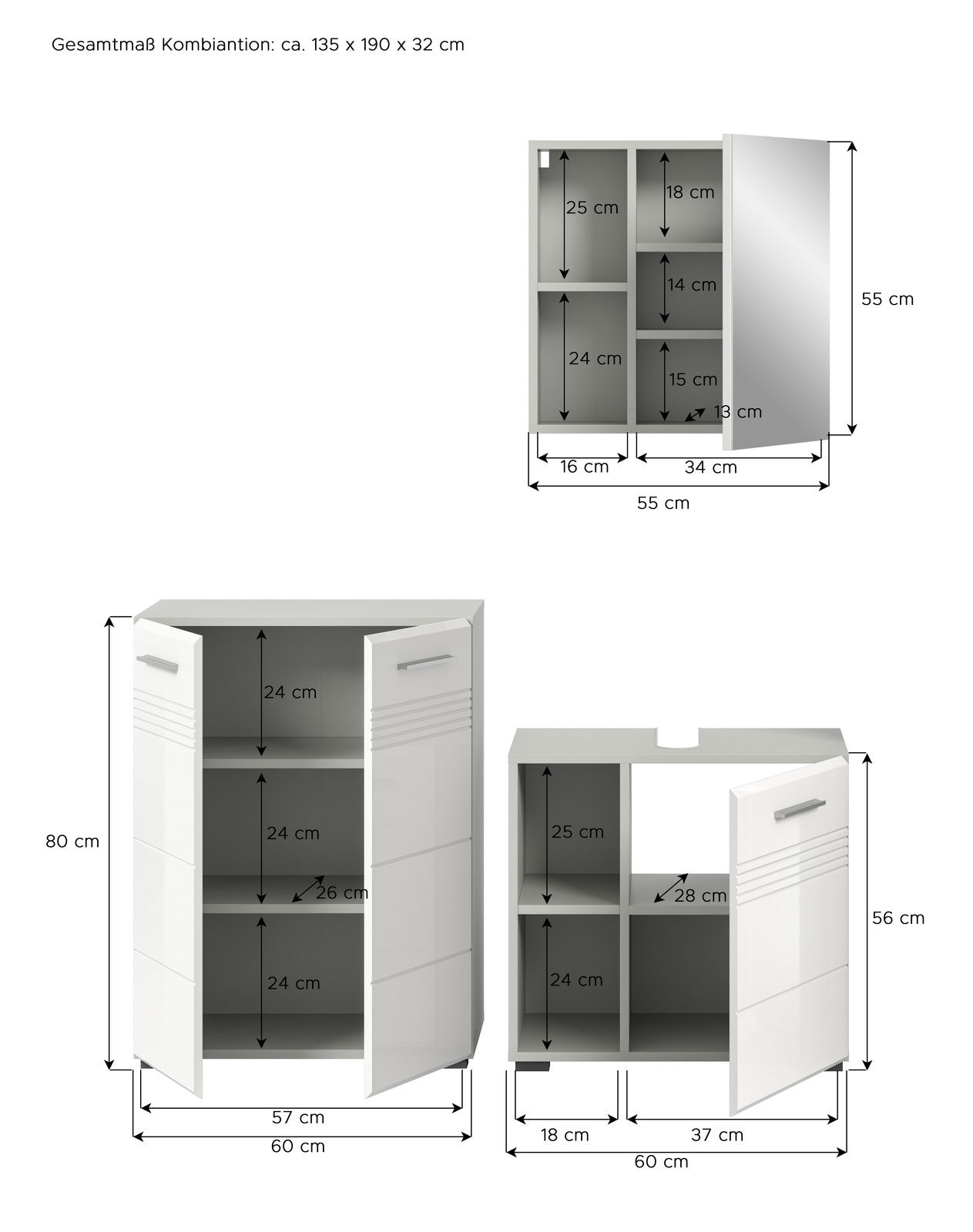Badkombination bestehend aus einem Spiegelschrank, einem Hochschrank und einem Unterschrank, frontal abgebildet mit offenen Türen, um die Innenfächer zu zeigen. Gesamtmaße: ca. 135 x 190 x 32 cm.