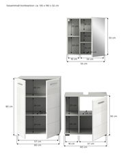 Badkombination bestehend aus einem Spiegelschrank, einem Hochschrank und einem Unterschrank, frontal abgebildet mit offenen Türen, um die Innenfächer zu zeigen. Gesamtmaße: ca. 135 x 190 x 32 cm.