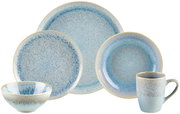Kombiservice 20-tlg. in blauer und beiger Farbgebung, bestehend aus Tellern, Schalen und Tasse, aus frontaler Perspektive.