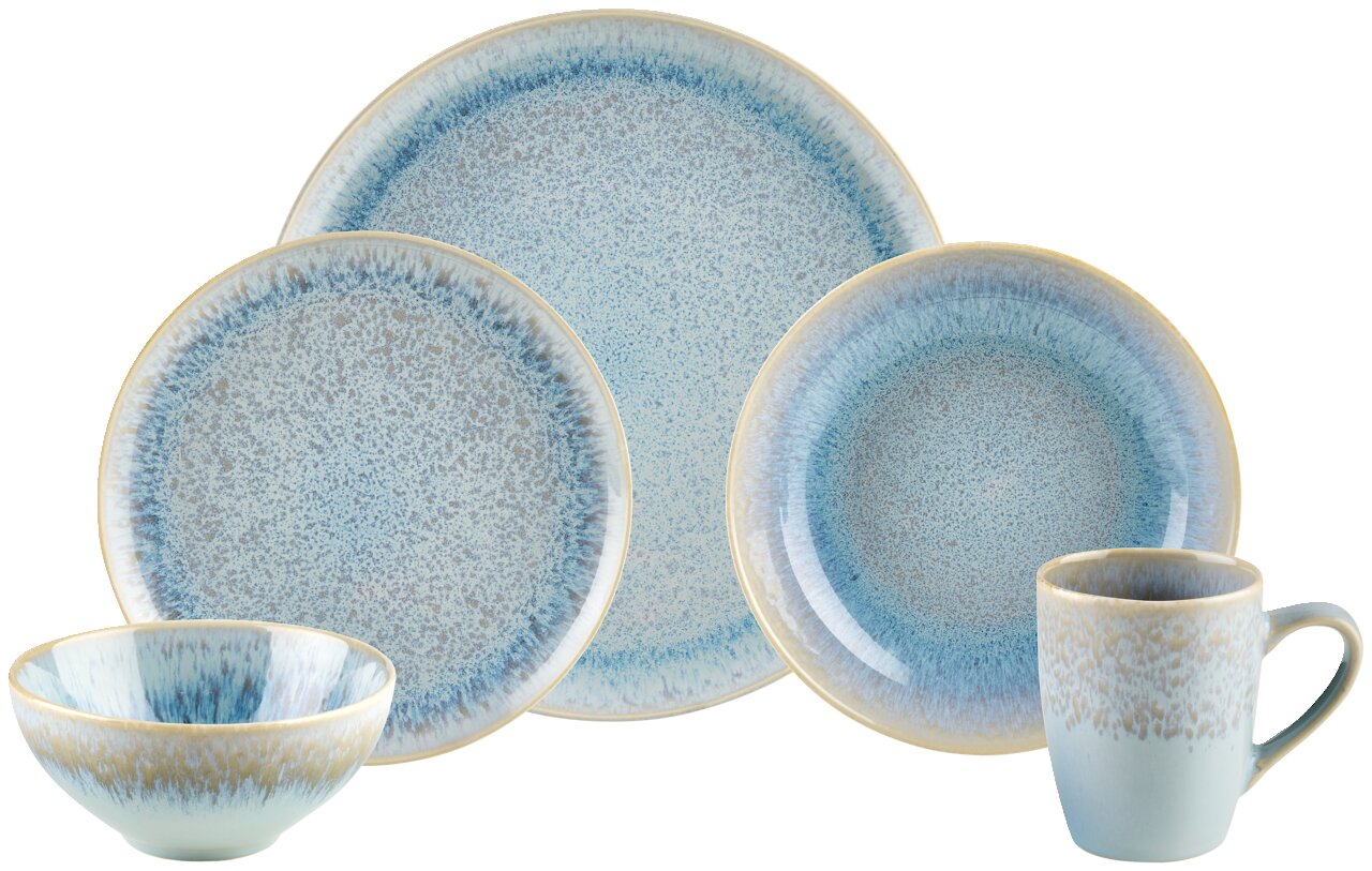Kombiservice 20-tlg. in blauer und beiger Farbgebung, bestehend aus Tellern, Schalen und Tasse, aus frontaler Perspektive.