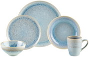 Kombiservice 20-tlg. in blauer und beiger Farbgebung, bestehend aus Tellern, Schalen und Tasse, aus frontaler Perspektive.