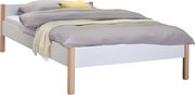 Jugendliege mit weißem Rahmen und Holzbeinen, seitliche Perspektive