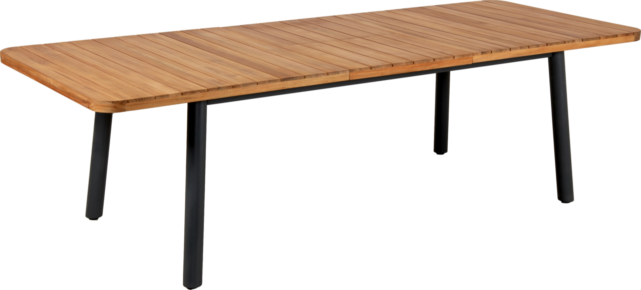 Moderner Gartenausziehtisch aus Holz mit schwarzem Metallgestell, seitliche Perspektive