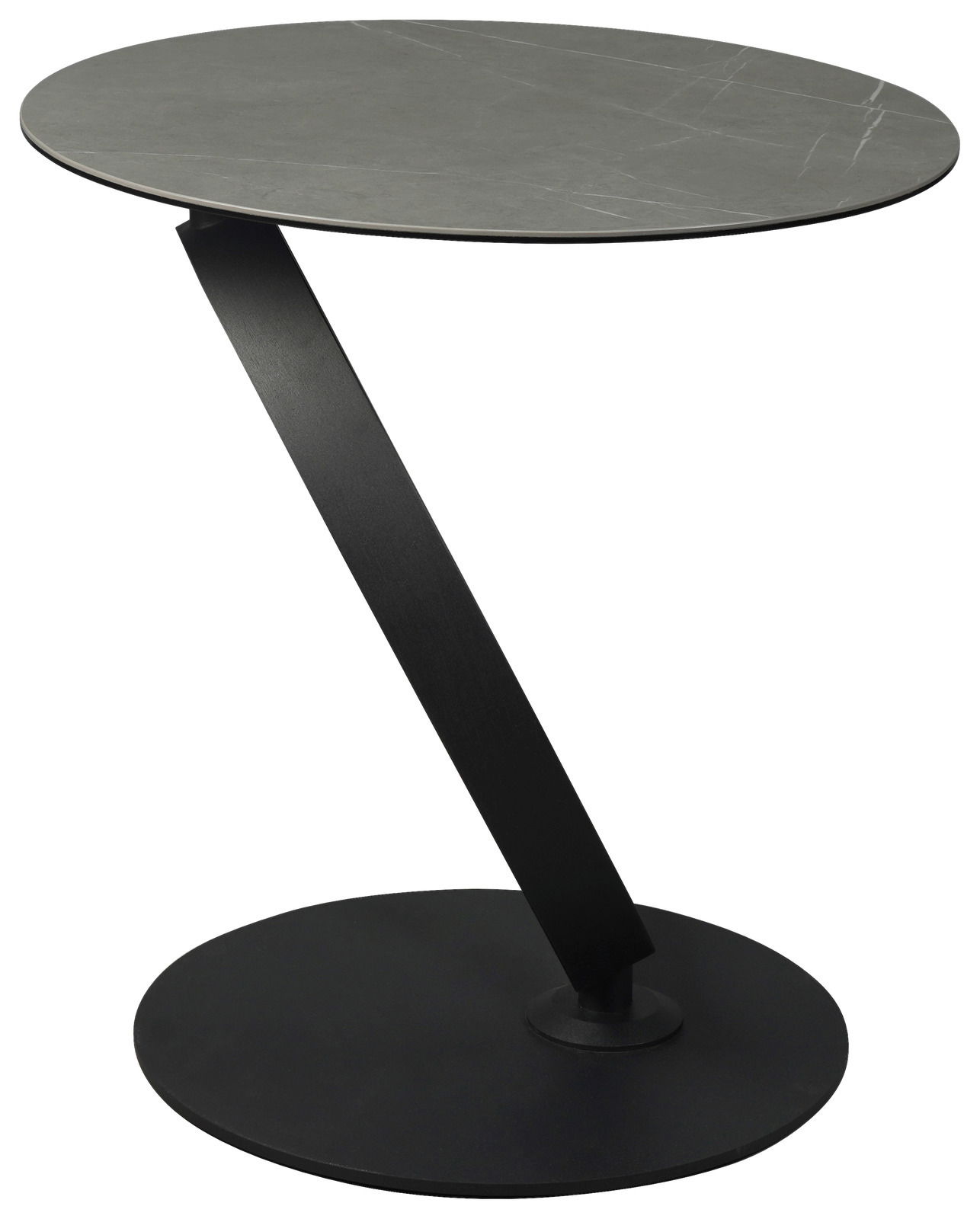 Moderner Beistelltisch mit runder, grauer Tischplatte und schrägem, schwarzem Metallgestell, seitliche Perspektive