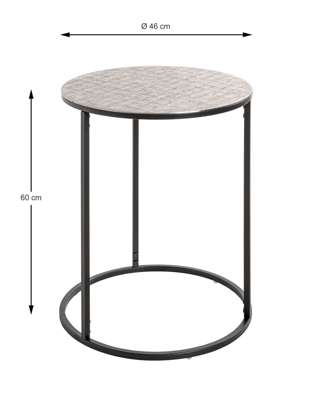 Runder Beistelltisch mit einem Durchmesser von 46 cm und einer Höhe von 60 cm, seitliche Perspektive