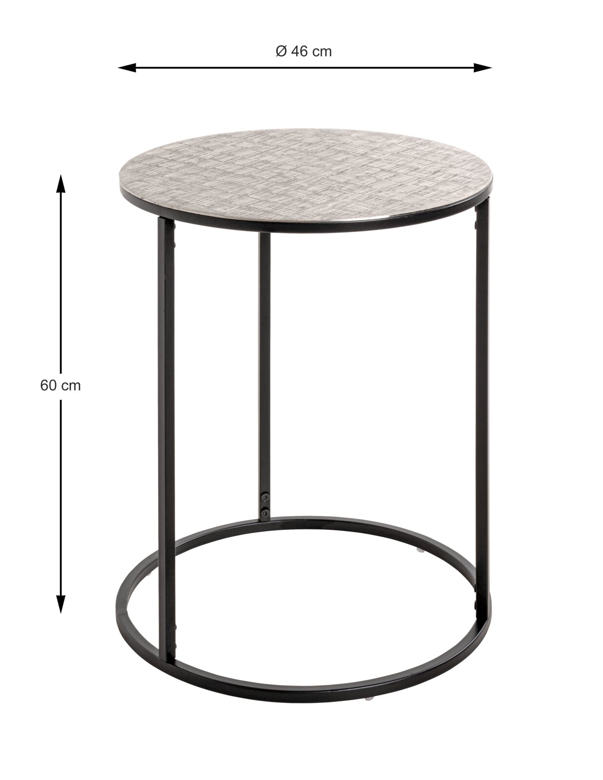 Runder Beistelltisch mit einem Durchmesser von 46 cm und einer Höhe von 60 cm, seitliche Perspektive