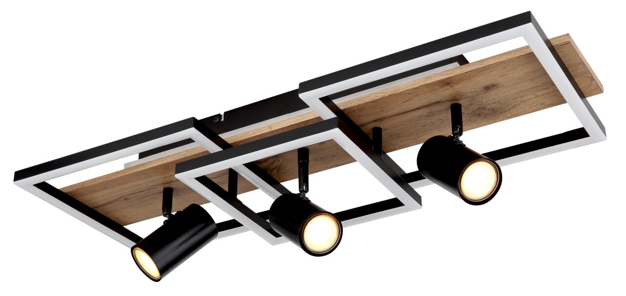 Moderne Deckenleuchte mit drei schwarzen Strahlern und Holz-Elementen, seitliche Perspektive