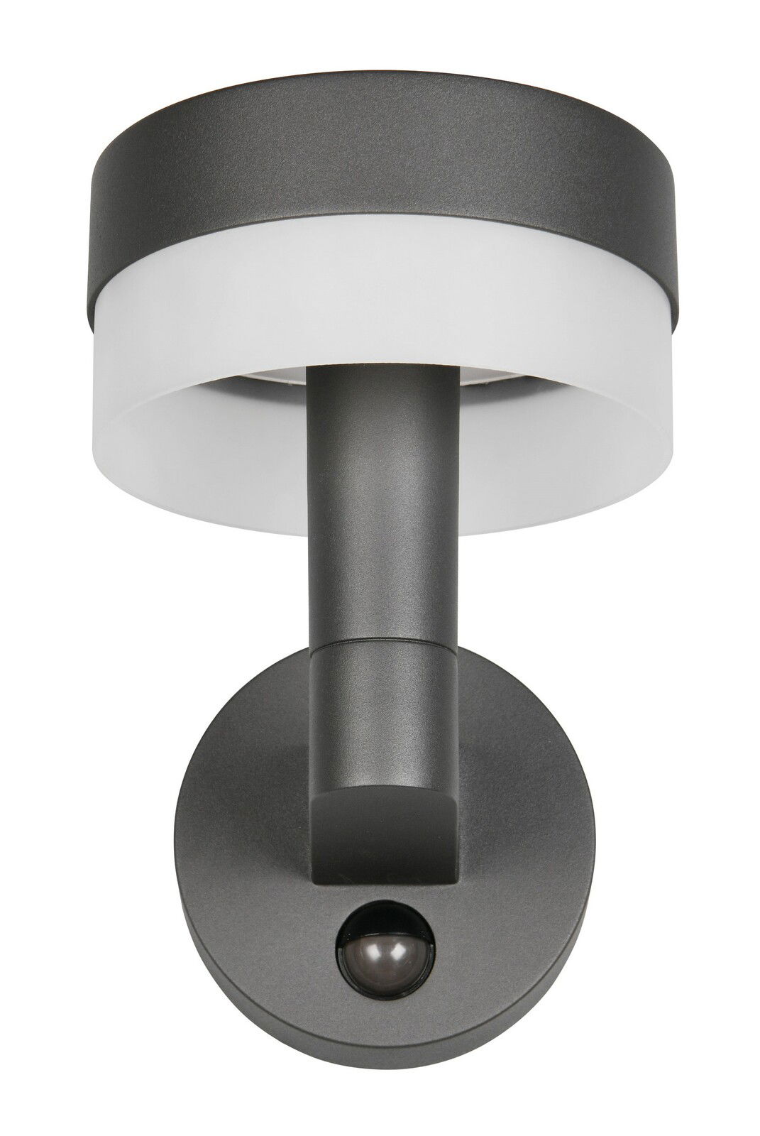 LED-Außenwandleuchte in moderner, runder Form aus schwarzem Metall und weißem Diffusor, von unten betrachtet.