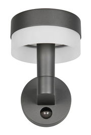 LED-Außenwandleuchte in moderner, runder Form aus schwarzem Metall und weißem Diffusor, von unten betrachtet.