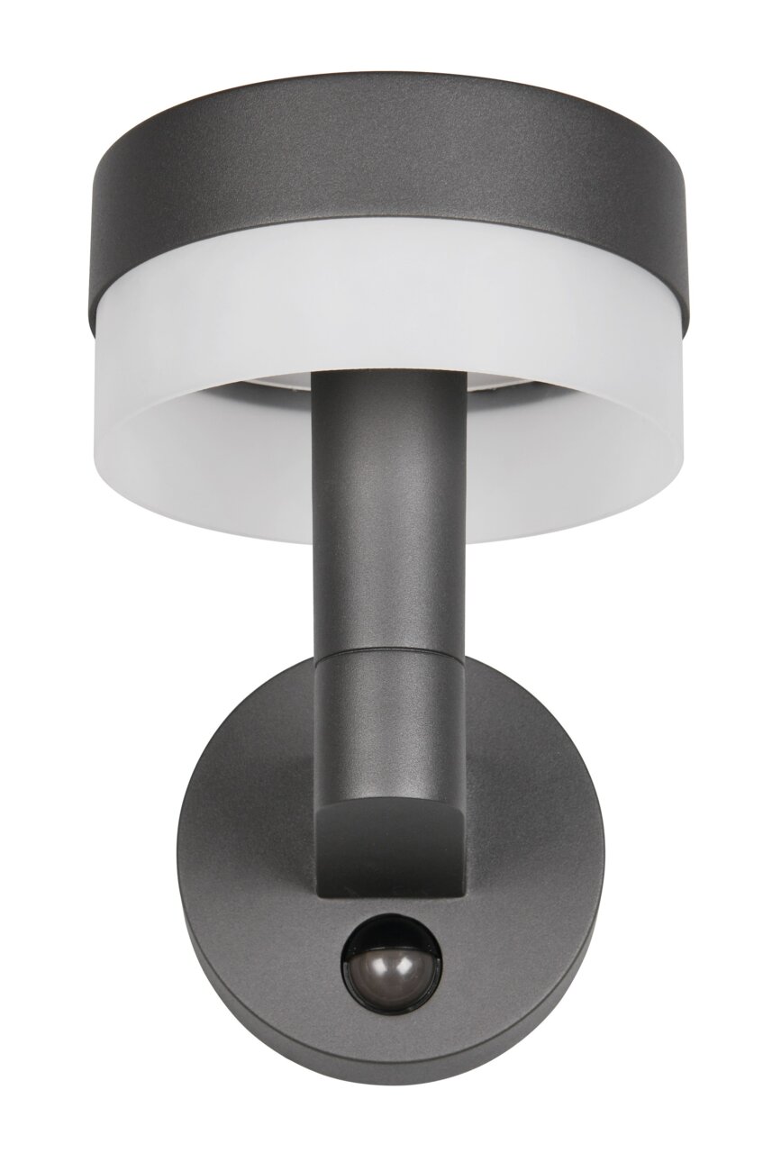 LED-Außenwandleuchte in moderner, runder Form aus schwarzem Metall und weißem Diffusor, von unten betrachtet.