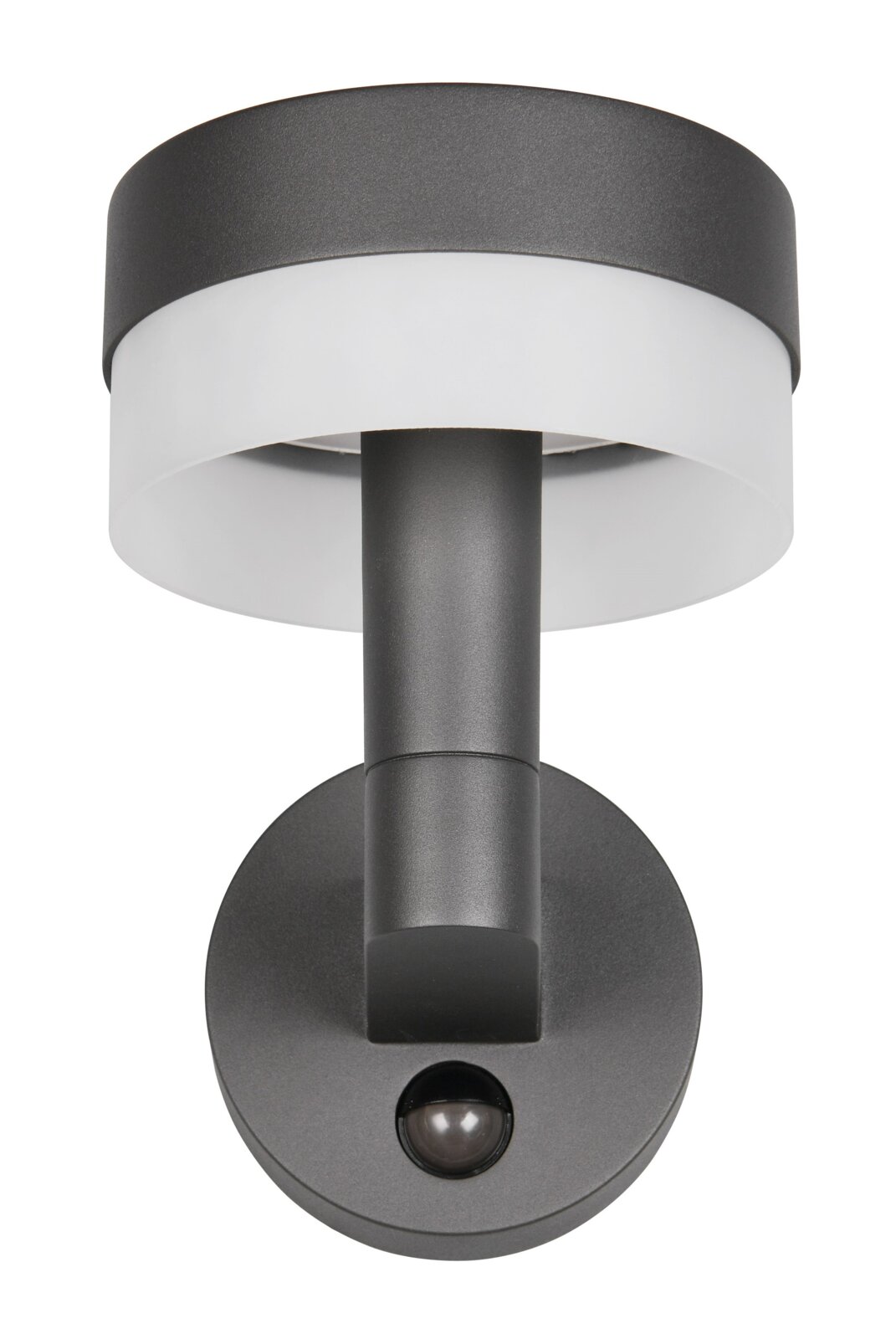 LED-buitenwandlamp in een moderne, ronde vorm van zwart metaal en een witte lichtverspreider, gezien van onderaf.