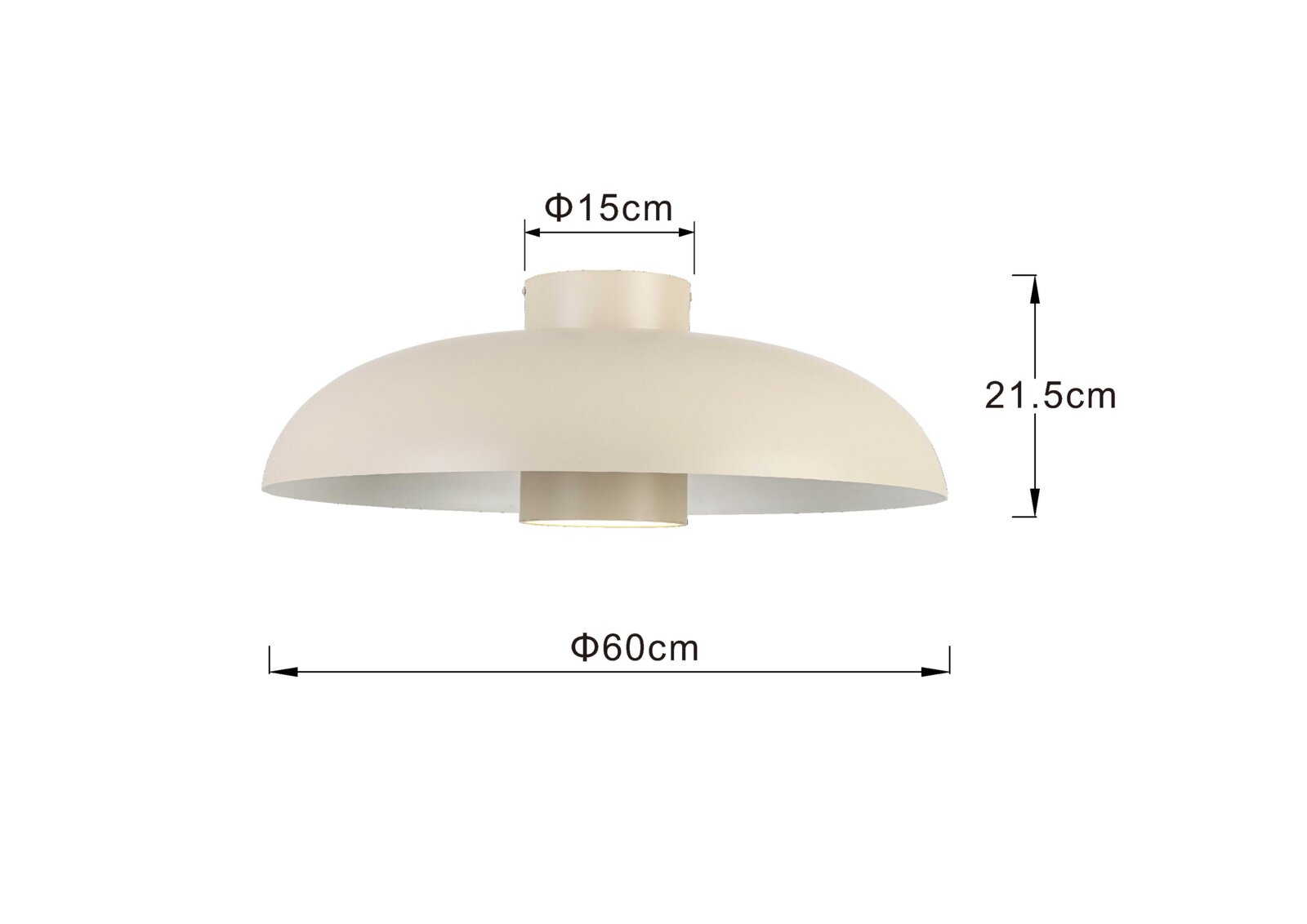 LED-plafondlamp in zijaanzicht met een diameter van 60 cm en een hoogte van 21,5 cm, in een crèmekleurig ontwerp.