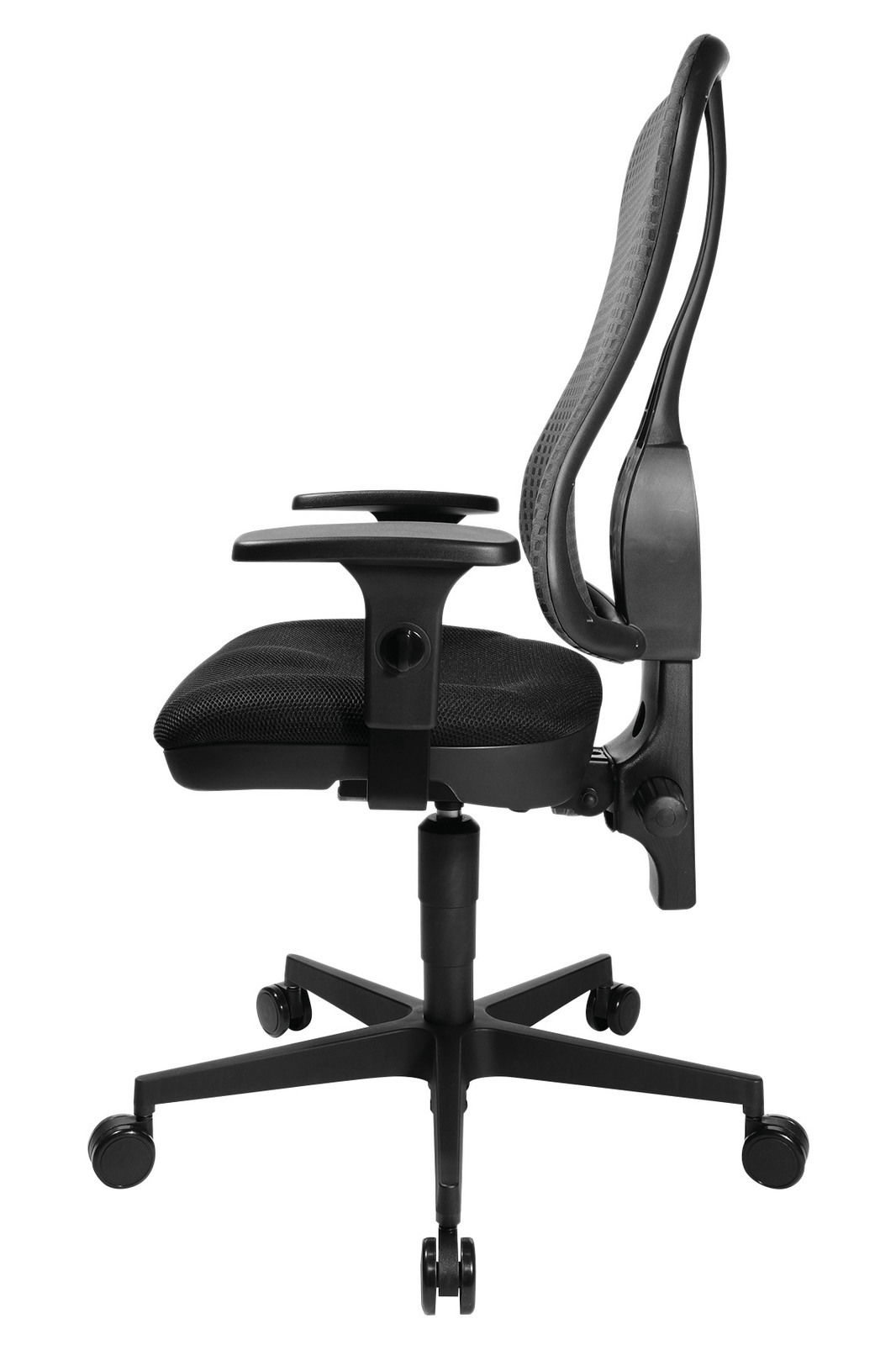 Moderner schwarzer Drehstuhl mit Netzrückenlehne, seitliche Ansicht