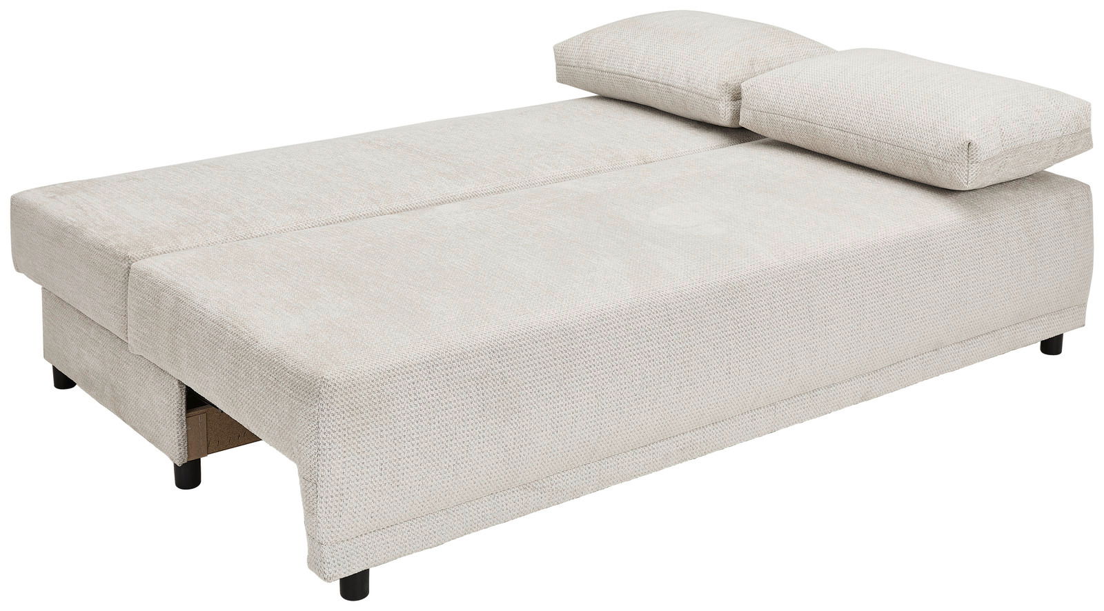 Beiges Funktionssofa in ausgeklappter Position, seitliche Perspektive