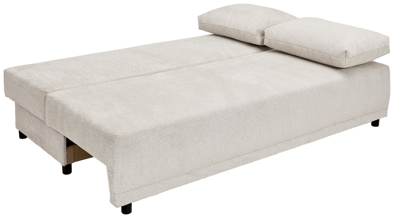Beige functionele bank in uitgeklapte stand, zijaanzicht