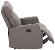 Grauer Sessel in Seitenansicht mit verstellbarer Rückenlehne und Fußstütze.