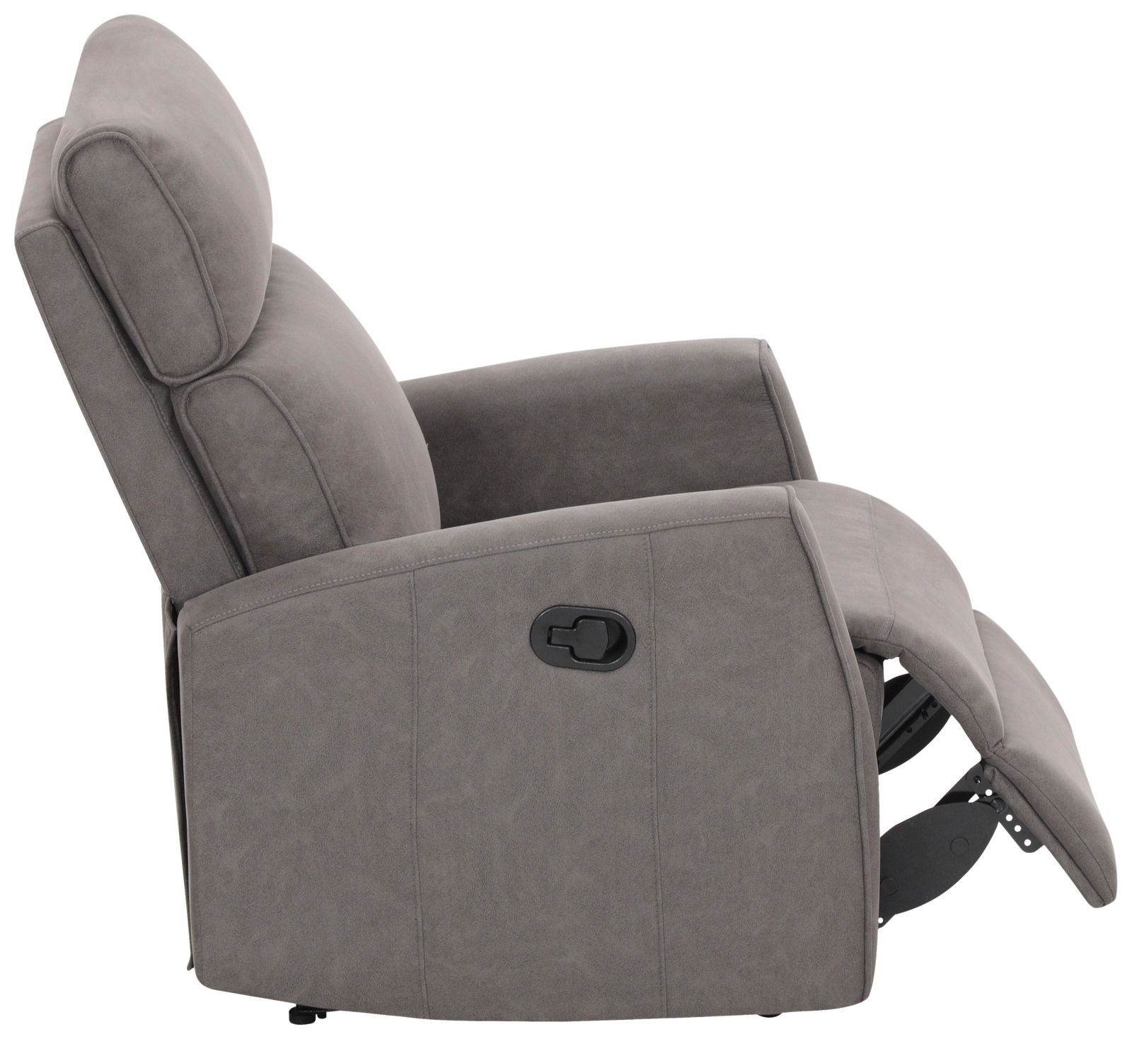Grauer Sessel in Seitenansicht mit verstellbarer Rückenlehne und Fußstütze.