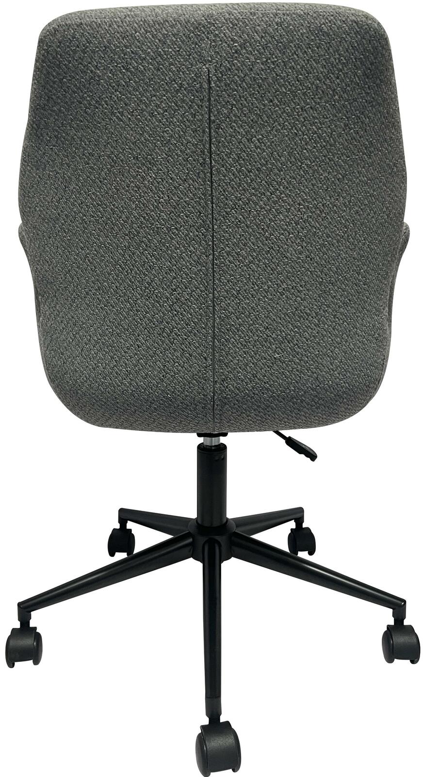 Rückansicht eines grauen Drehstuhls mit schwarzem Fußkreuz und Rollen.