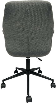 Rückansicht eines grauen Drehstuhls mit schwarzem Fußkreuz und Rollen.