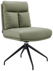 Moderner grüner Stuhl mit schwarzem Metallgestell, seitliche Perspektive