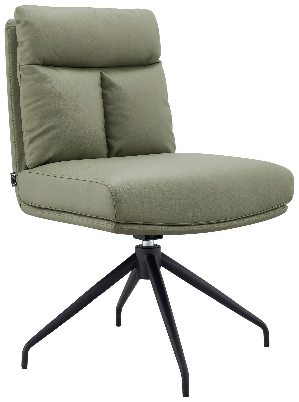 Moderner grüner Stuhl mit schwarzem Metallgestell, seitliche Perspektive