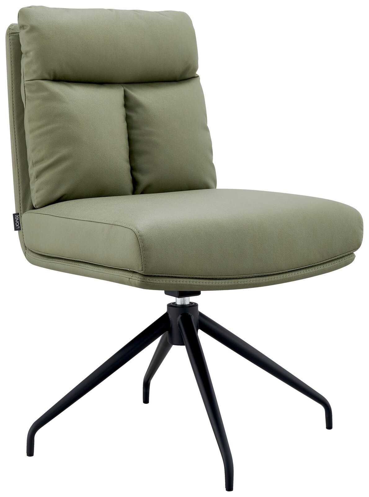 Moderner grüner Stuhl mit schwarzem Metallgestell, seitliche Perspektive