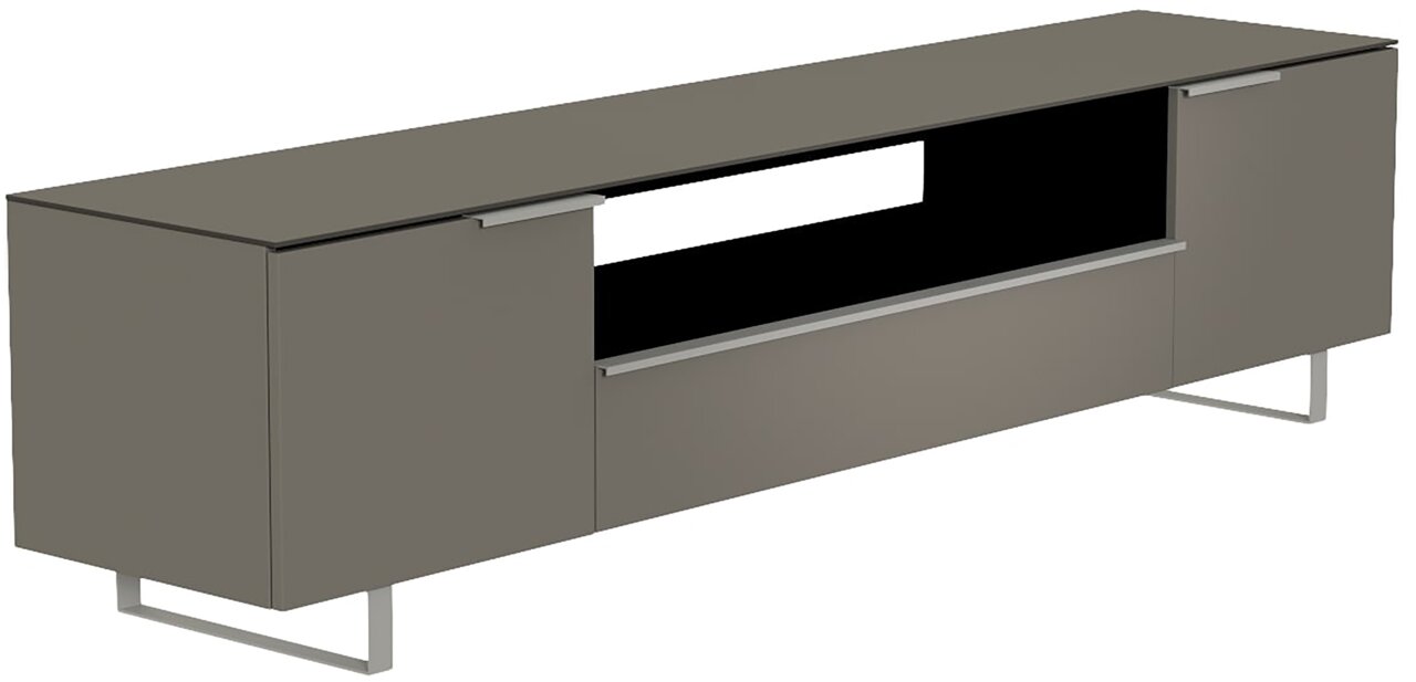 Modernes XL TV-Lowboard in grauer Farbe mit zwei Türen und einem offenen Fach, seitliche Perspektive