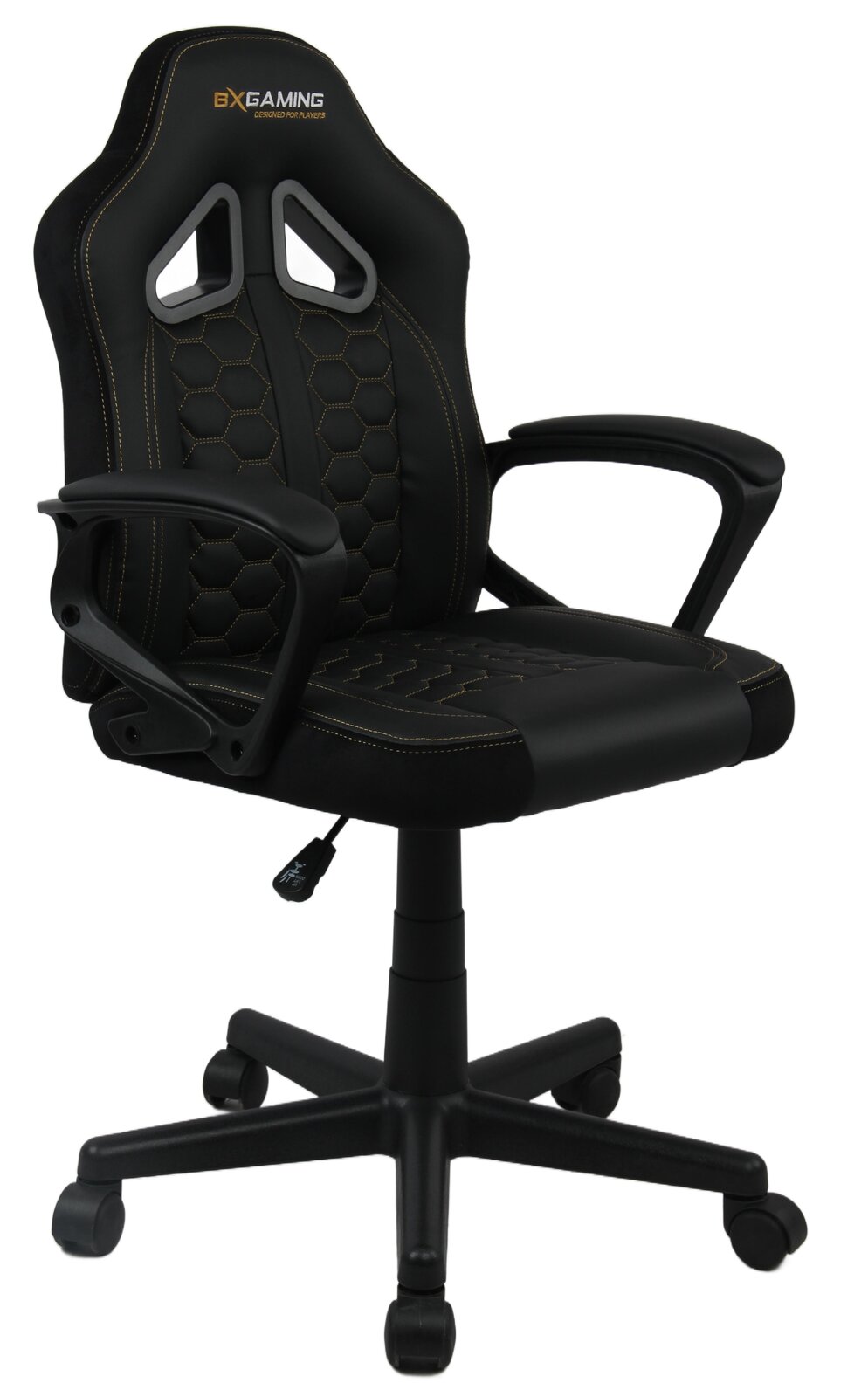 Schwarzer Jugend Gaming Stuhl mit ergonomischem Design, Armlehnen und Rollen, seitliche Perspektive