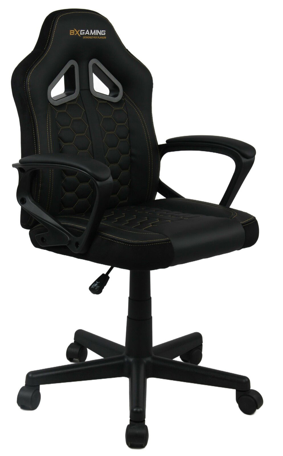 BXGAMING Jugend Gaming Stuhl VINCE Schwarzer Jugend Gaming Stuhl mit ergonomischem Design, Armlehnen und Rollen, seitliche Perspektive