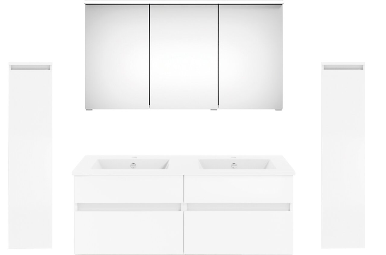 Puris Badkombination GET2YOU 21 Frontale Ansicht einer modernen Badkombination der Serie NEXT4YOU von Puris mit Doppelwaschbecken, Spiegelschrank und zwei hohen Seitenschränken in Weiß.