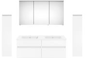 Frontale Ansicht einer modernen Badkombination der Serie NEXT4YOU von Puris mit Doppelwaschbecken, Spiegelschrank und zwei hohen Seitenschränken in Weiß.