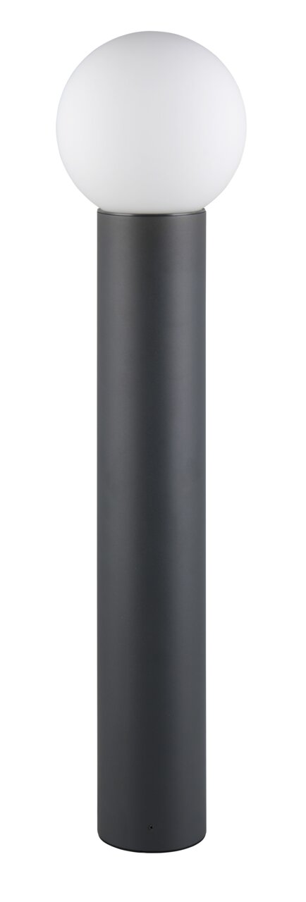 Moderne buitenvloerlamp met bolvormige lamp op een cilindrische voet, vooraanzicht.