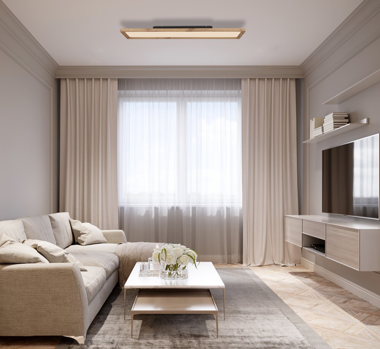 Moderne Deckenleuchte in einem stilvollen Wohnzimmer, aus der Perspektive von unten betrachtet.