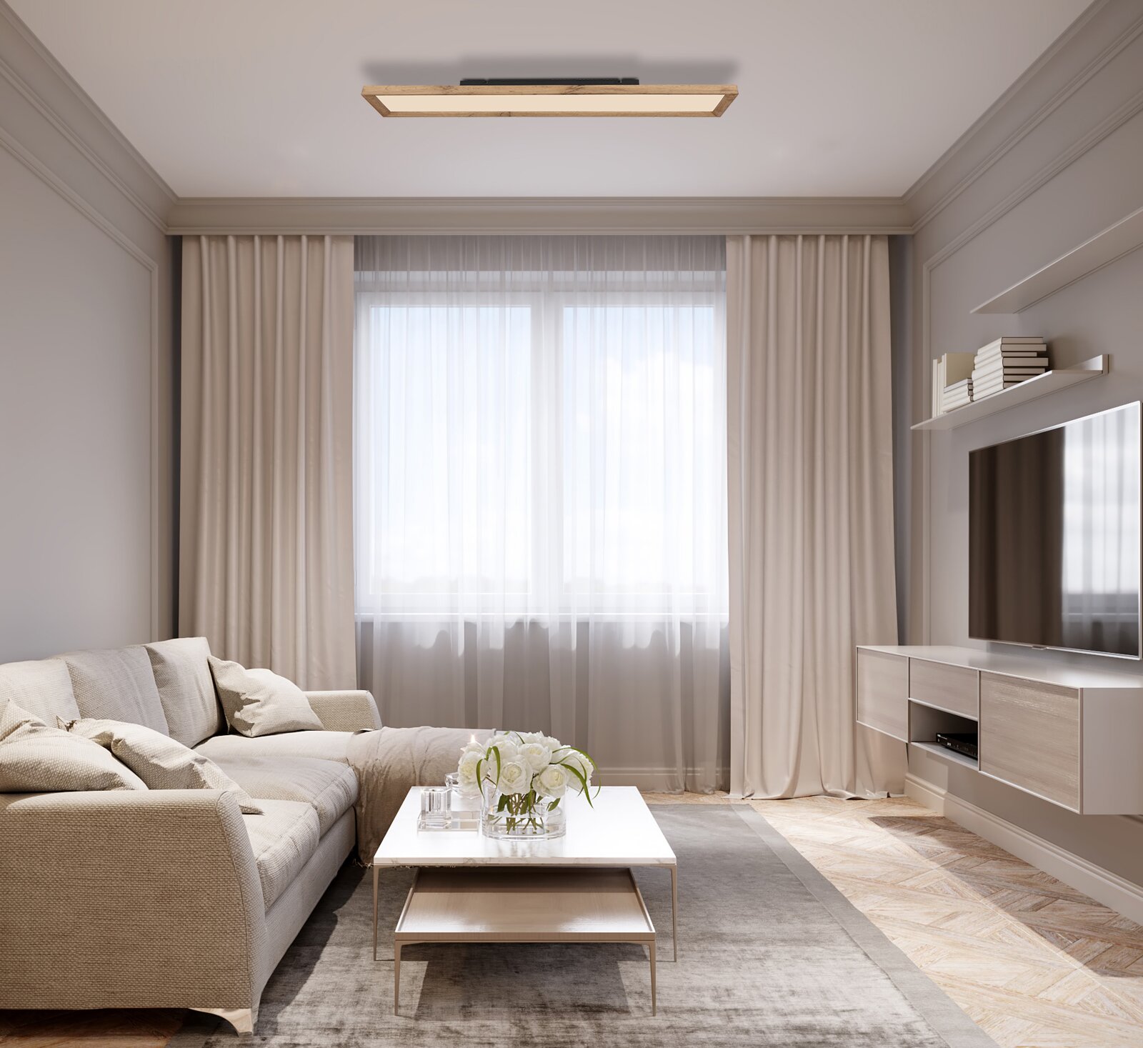 Moderne Deckenleuchte in einem stilvollen Wohnzimmer, aus der Perspektive von unten betrachtet.