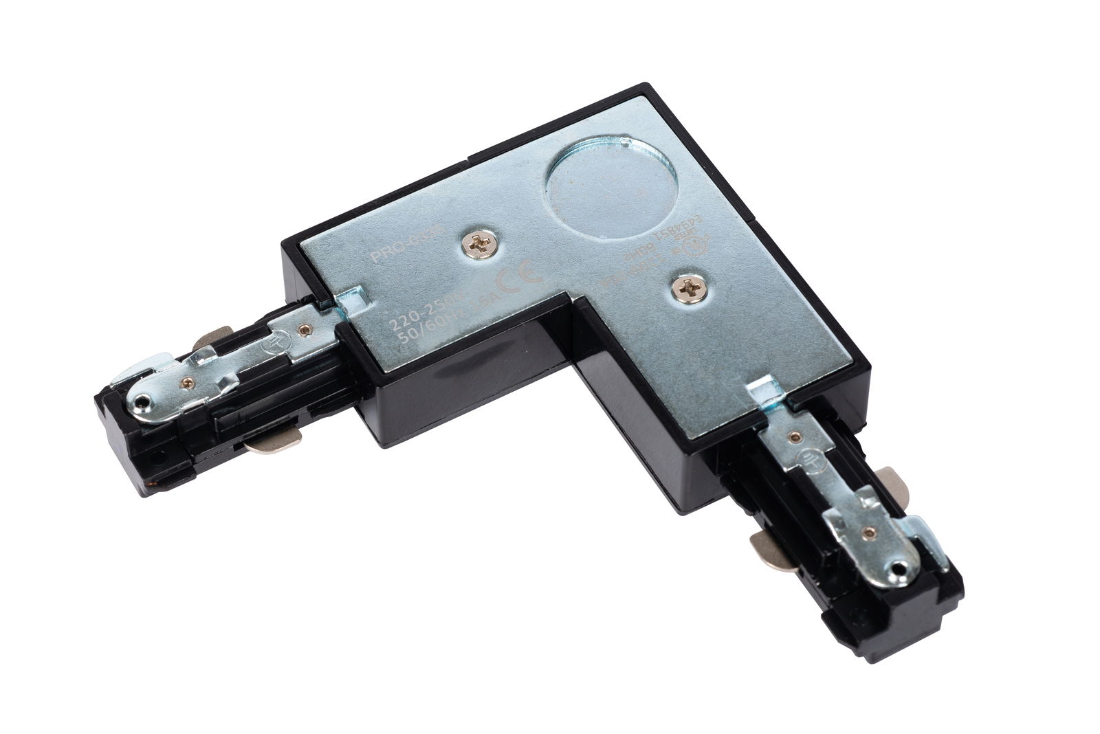 L-Verbinder rechts in Schwarz, von oben betrachtet, mit Metallbeschlägen und Schrauben sichtbar.